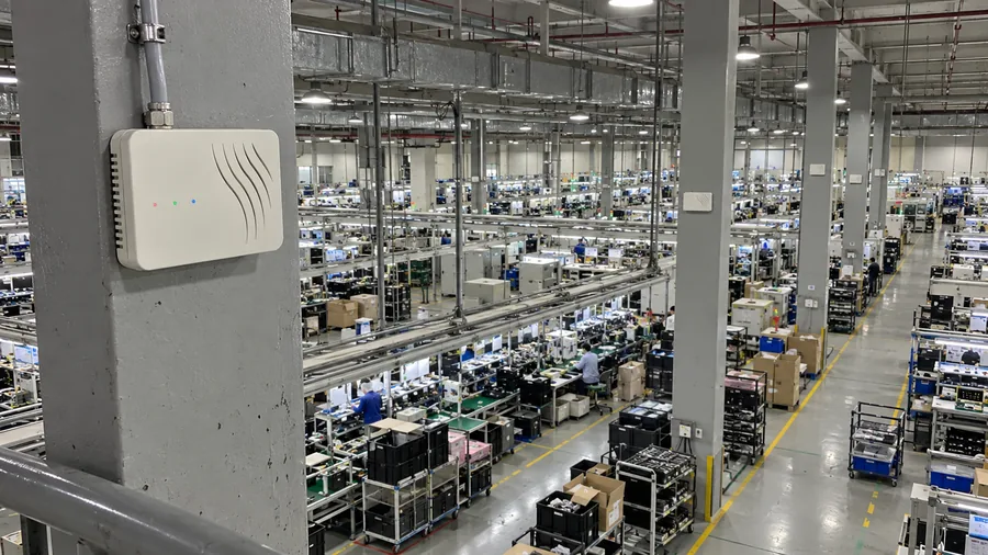 A large production floor with assembly lines and the same small air sensor on columns across the floor
