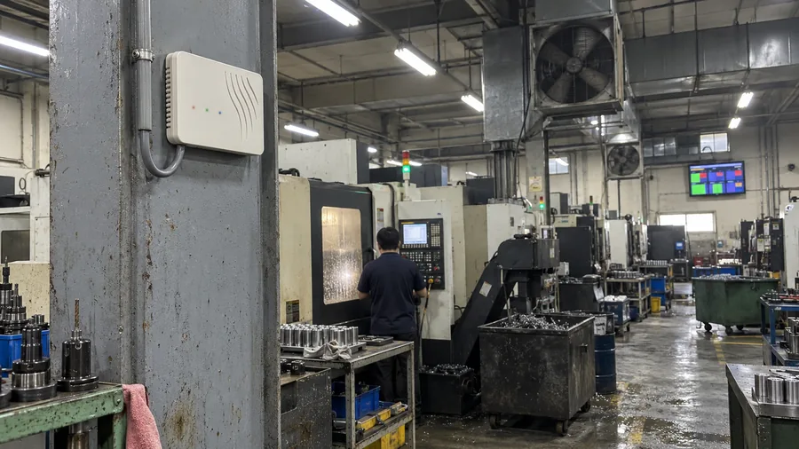 A CNC machining hall with an air sensor mounted on a steel column and a zone display on the far wall