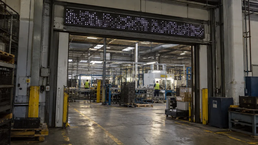 A production hall entrance with an LED display board above the doorway and a line running behind it
