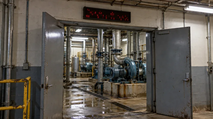A pump room door with an LED display board mounted above it