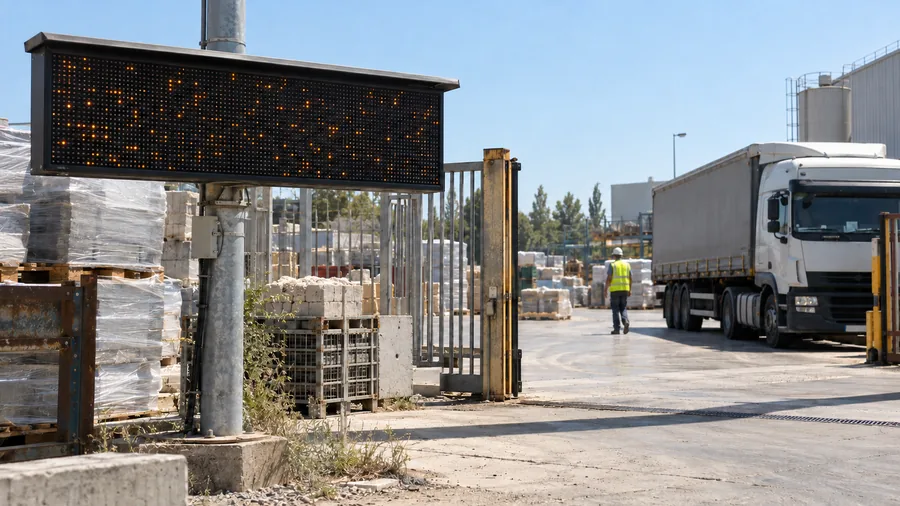 An outdoor yard gate with an LED display board on a pole and stacked materials behind it