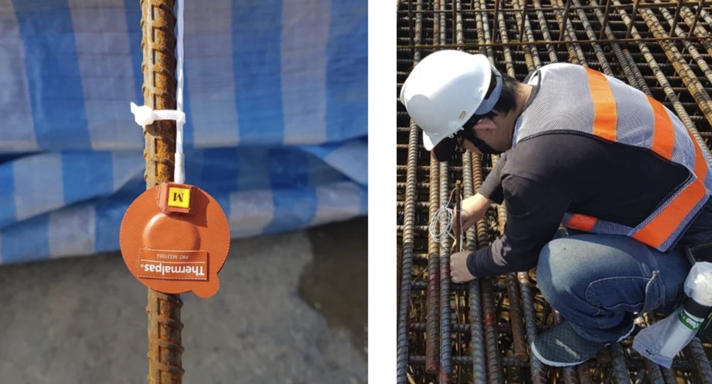 Concrete Hydration Heat Monitoring — Thermalpas + Temp/Humidity Logger — field installation photo