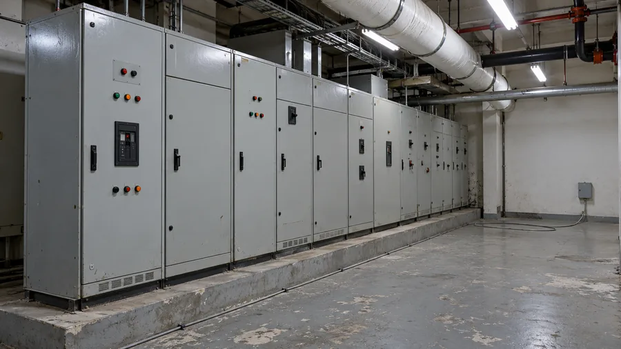 An electrical room with a long line of switchgear cabinets, pipes overhead and a leak cable along the floor to a junction box