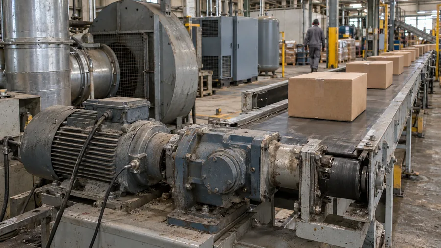 A conveyor drive motor and gearbox with a small vibration sensor, an extraction fan and air compressors behind it