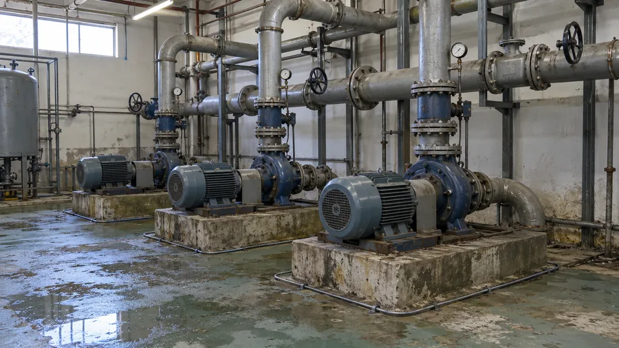 A utility pump room with three pumps on concrete plinths, flanged pipework with pressure gauges, and a leak cable on the floor around the plinths